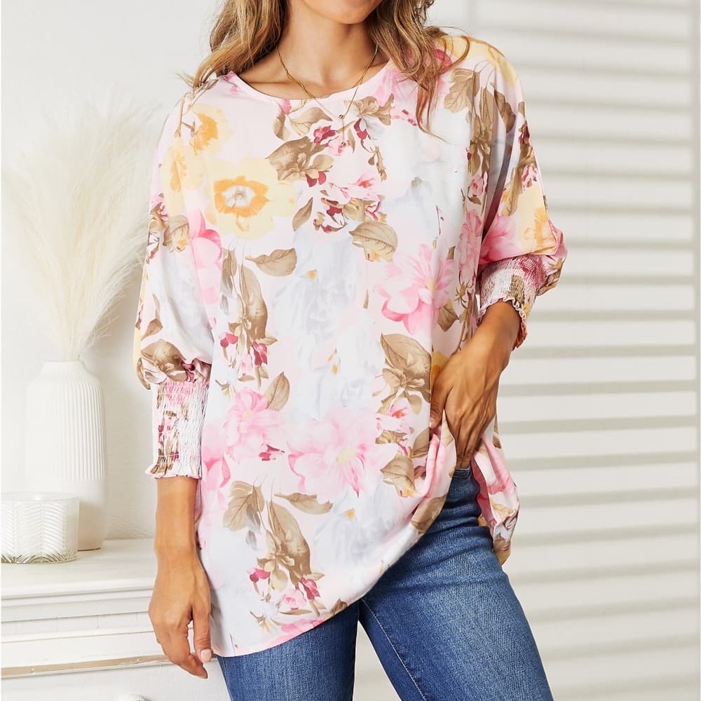 NEW Double Take Oversized Vintage Floral Print Three Quarter Sleeve Top